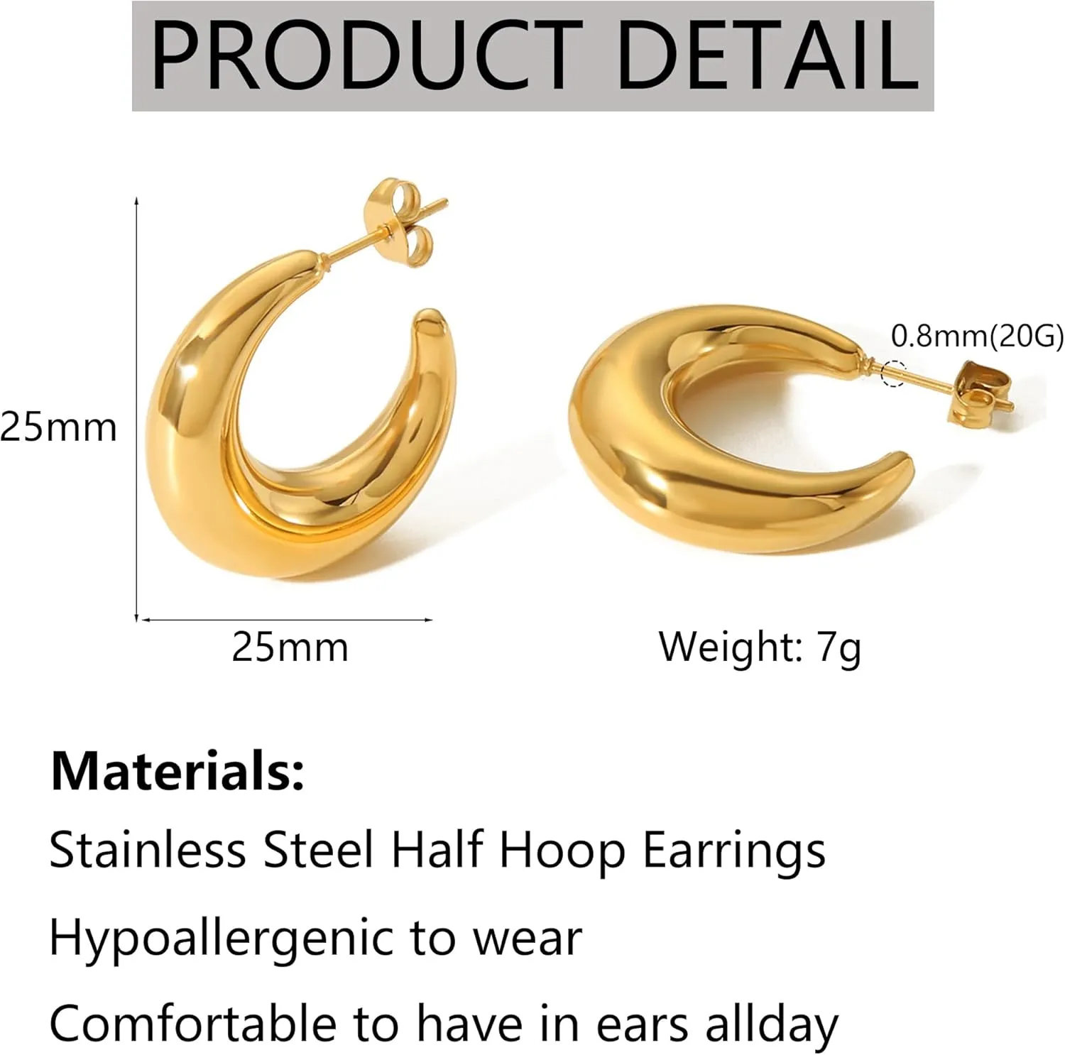 Stainless Steel Hoop Earrings for Women Hypoallergenic Stud Hoop Earrings Medium Hoop Earrings Half Hoop Earrings for Women