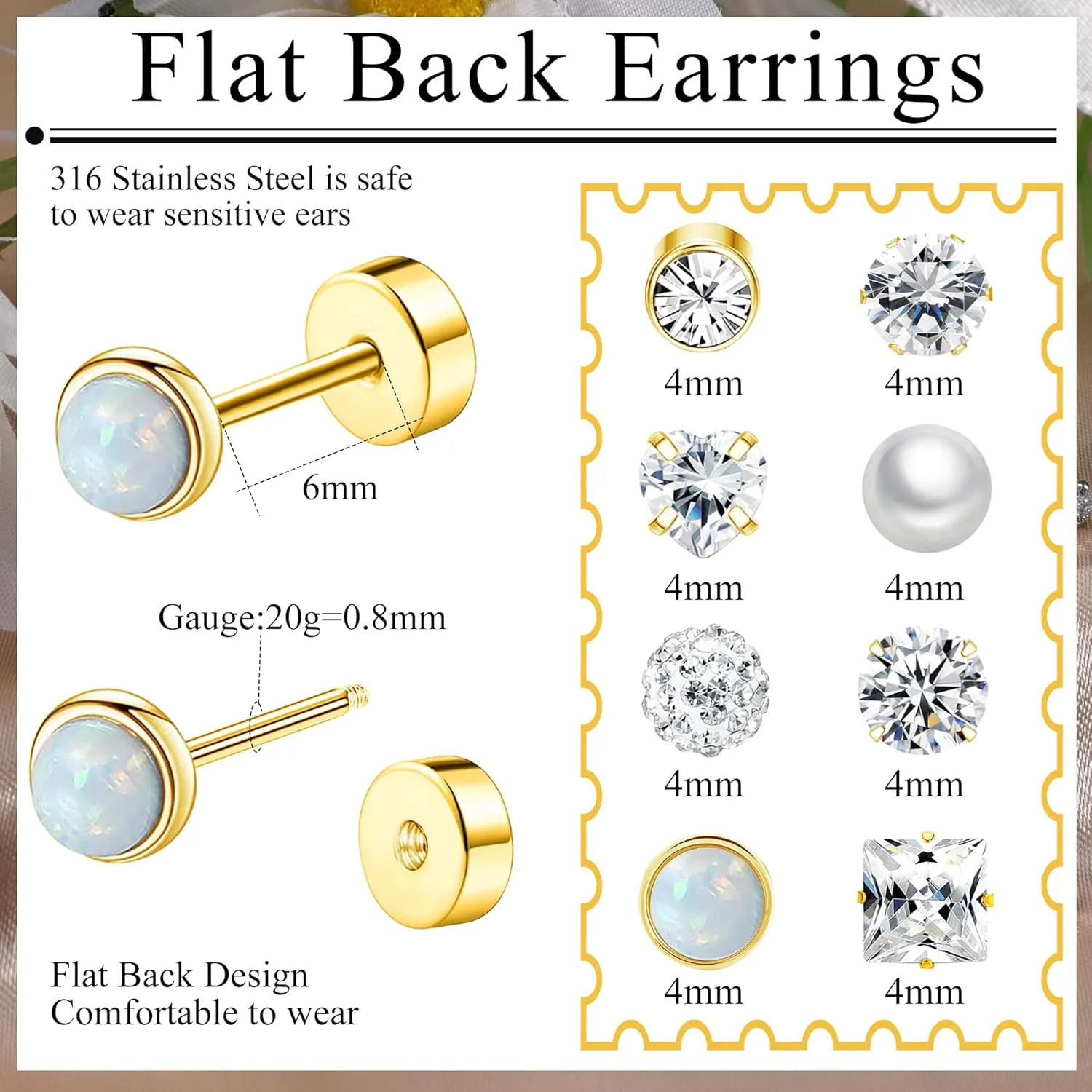 Staligue 8 Pairs Titanium Surgical Steel Earrings for Women Men Hypoallergenic Flat Back Stud Earrings for Sensitive Ears 20 Gauge Surgical Steel Cartilage Earring Opal CZ Pearl Small Nap Sleeper Earrings