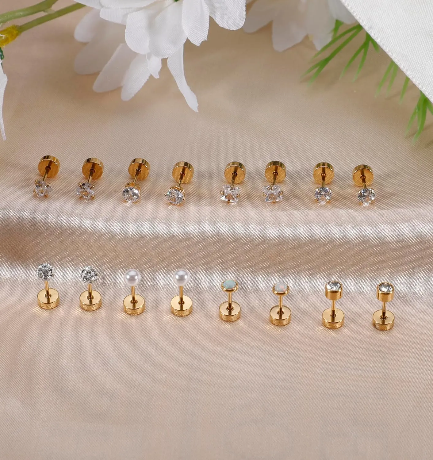 Staligue 8 Pairs Titanium Surgical Steel Earrings for Women Men Hypoallergenic Flat Back Stud Earrings for Sensitive Ears 20 Gauge Surgical Steel Cartilage Earring Opal CZ Pearl Small Nap Sleeper Earrings