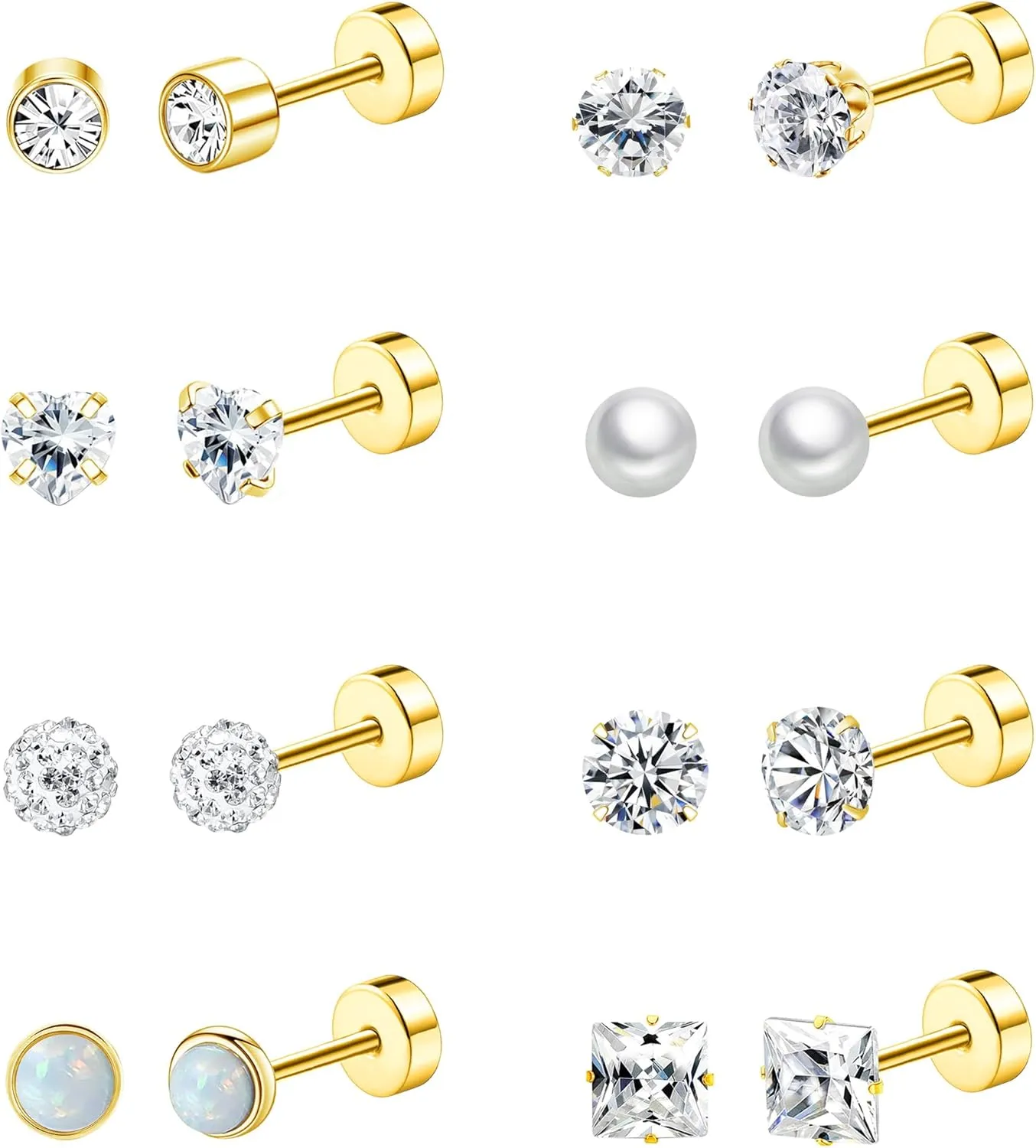 Staligue 8 Pairs Titanium Surgical Steel Earrings for Women Men Hypoallergenic Flat Back Stud Earrings for Sensitive Ears 20 Gauge Surgical Steel Cartilage Earring Opal CZ Pearl Small Nap Sleeper Earrings