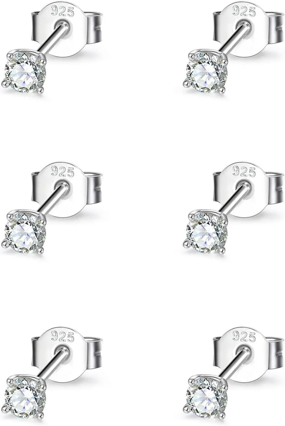 Sterling Silver Cubic Zirconia Stud Earrings for Women Men, 3 Pairs Hypoallergenic Small Tiny Stud Earring Set (Diameter 2/3/4mm)