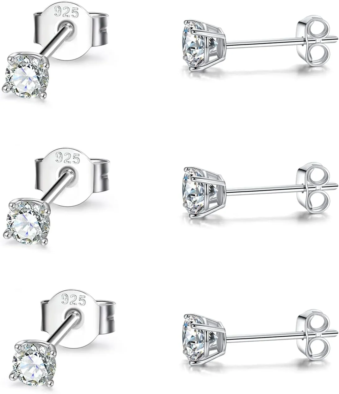 Sterling Silver Cubic Zirconia Stud Earrings for Women Men, 3 Pairs Hypoallergenic Small Tiny Stud Earring Set (Diameter 2/3/4mm)