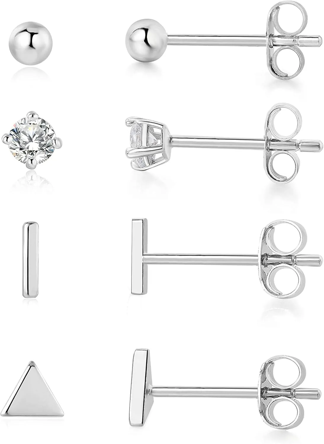 Sterling Silver Stud Earrings - 4 Pairs Small Silver Ball Earrings Triangle Stud Earrings Round CZ Earrings Bar Earrings Set Hypoallergenic Cartilage Tragus Earrings(3mm2&5mm2)