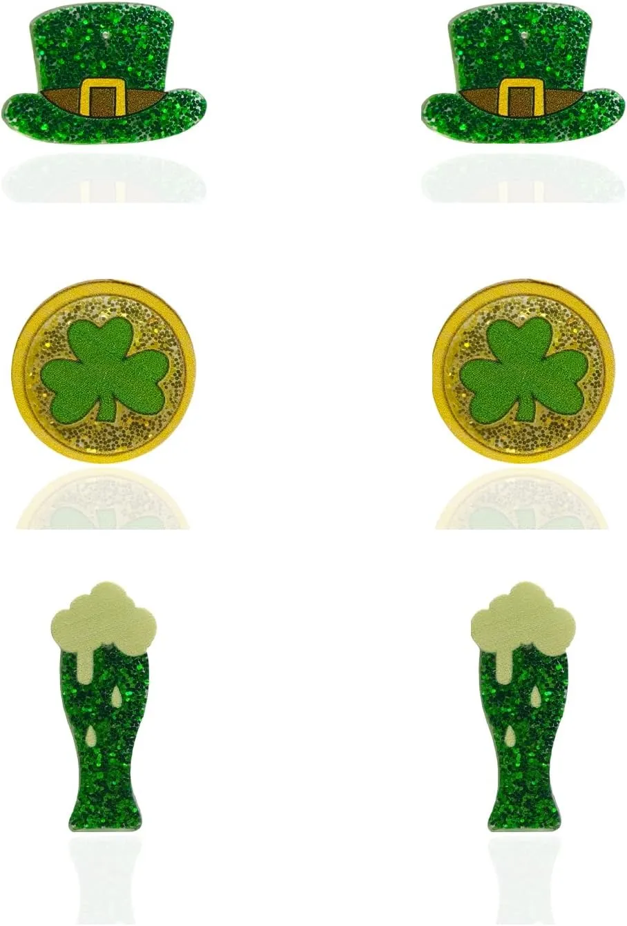 St.Patrick's Day Stud Earrings for Women 3 Pairs Irish Lucky Earrings Acrylic Glitter Green Lucky Clover Green Leaf Hat Earrings Irish Gold Coin Beer Hat Horseshoe Stud Earrings St.Patrick's Day Holiday Jewelry Accessory