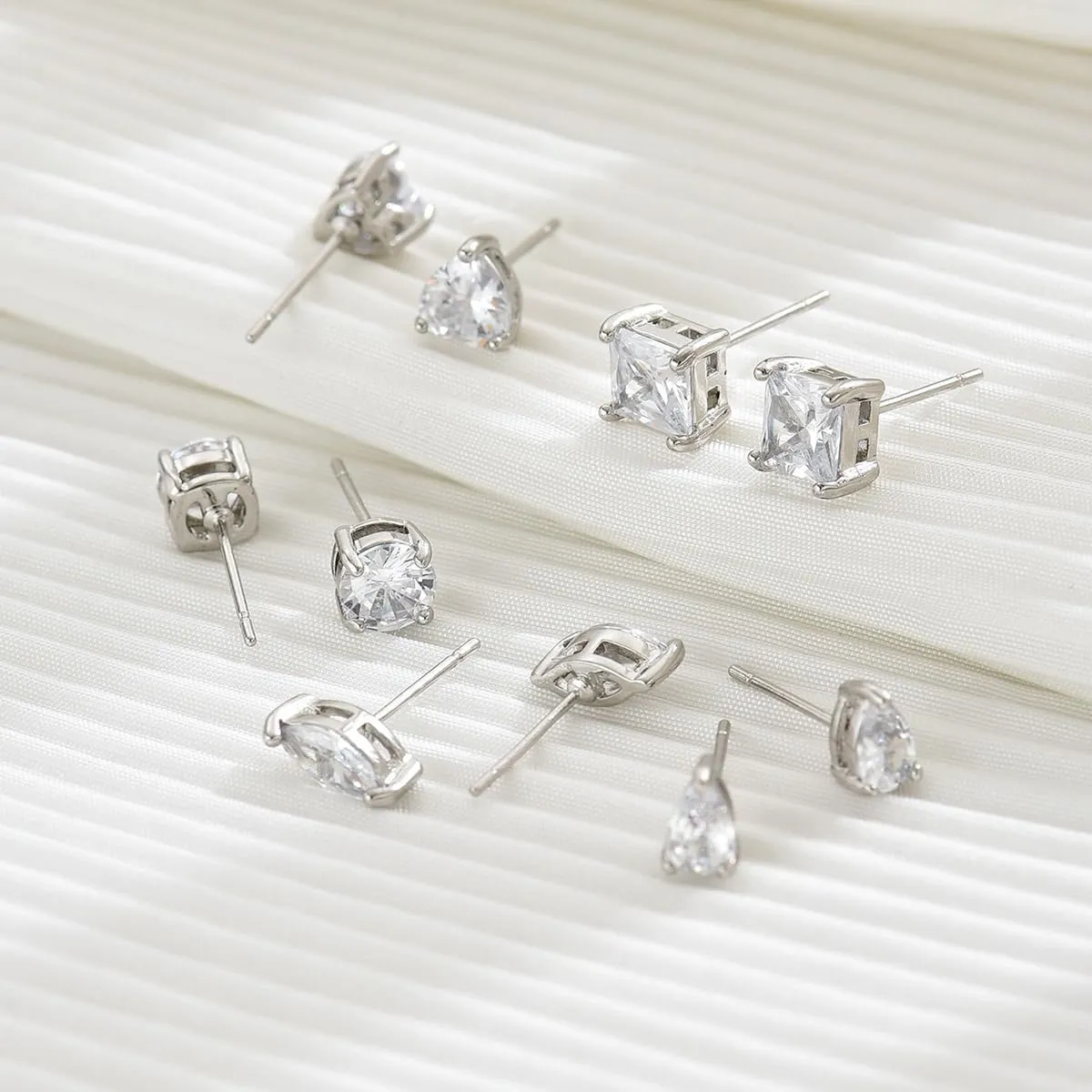 Stud Earrings Set for Women Brass Earrings Set Hypoallergenic Cubic Zirconia 14K White Gold Round/Square/Horse Eye Shape/Heart/Tear Drop CZ Diamond Earrings(3/5 Pairs)