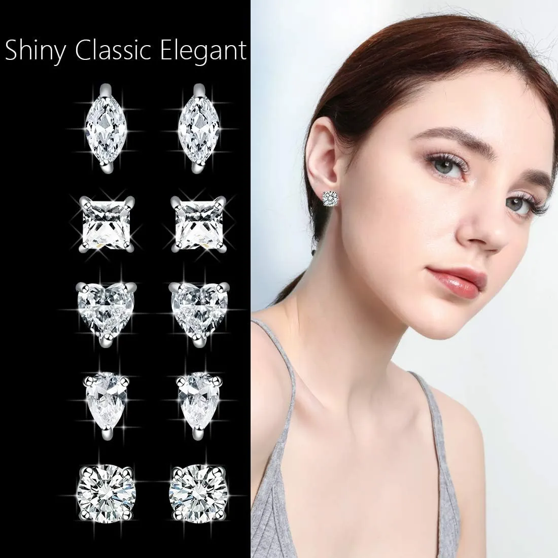 Stud Earrings Set for Women Brass Earrings Set Hypoallergenic Cubic Zirconia 14K White Gold Round/Square/Horse Eye Shape/Heart/Tear Drop CZ Diamond Earrings(3/5 Pairs)
