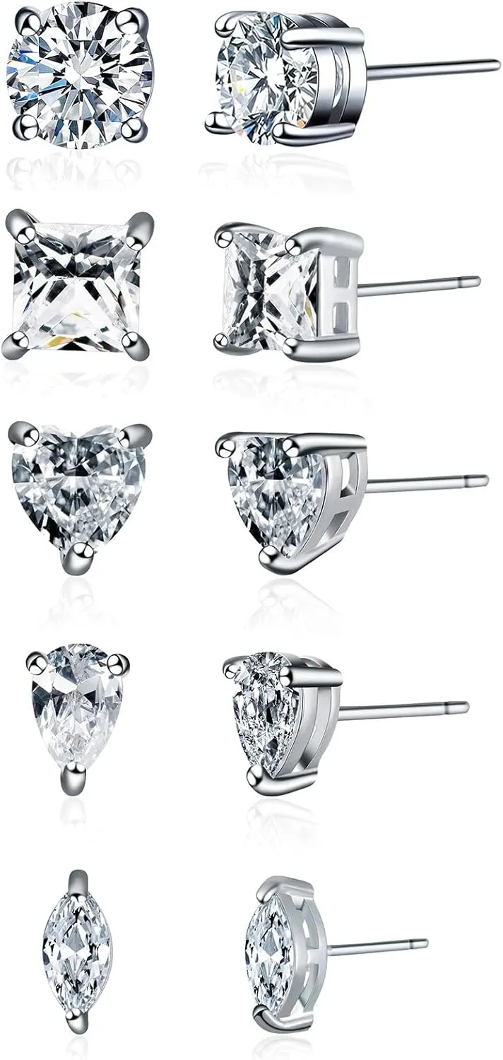 Stud Earrings Set for Women Brass Earrings Set Hypoallergenic Cubic Zirconia 14K White Gold Round/Square/Horse Eye Shape/Heart/Tear Drop CZ Diamond Earrings(3/5 Pairs)