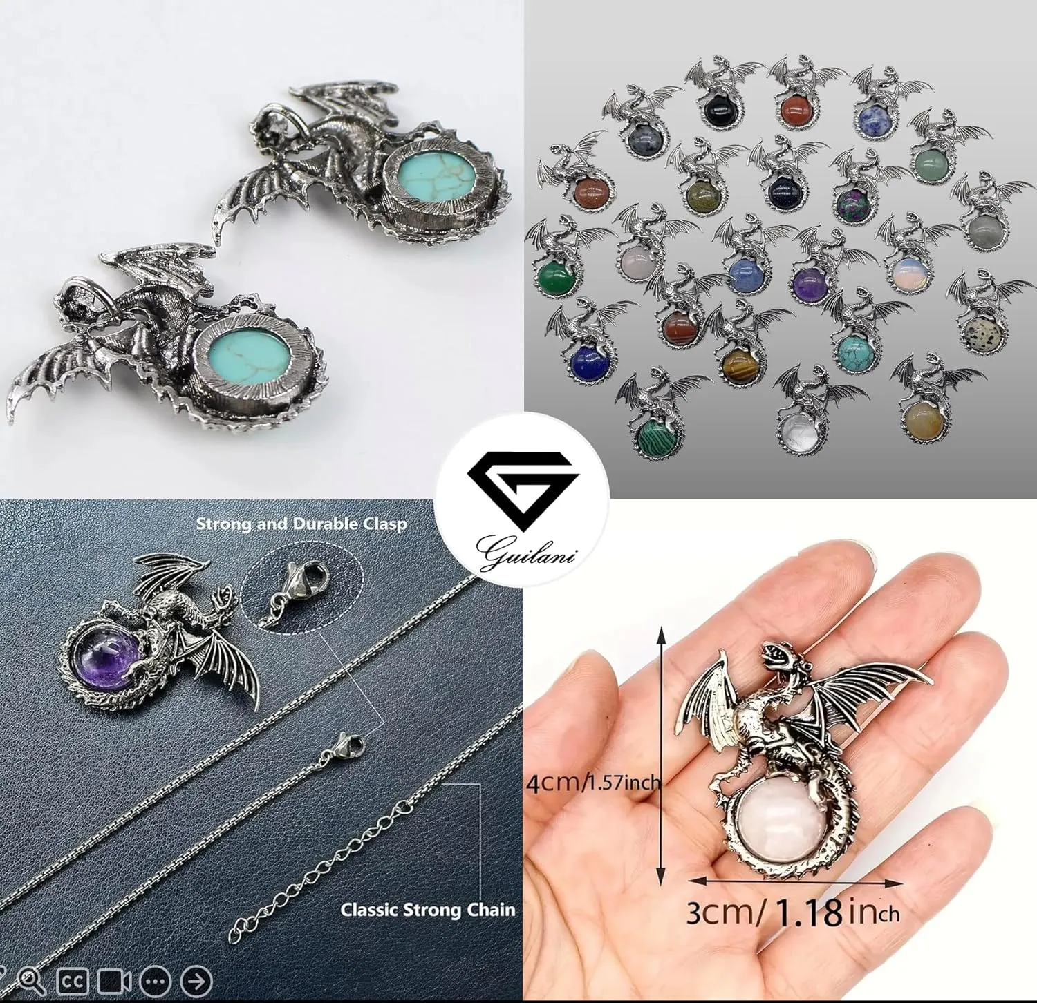 Stylish Dragon Pendant with Genuine Gemstone and Sterling Silver. Unisex. Pick by Birth Months, Seasons, Healing Properties