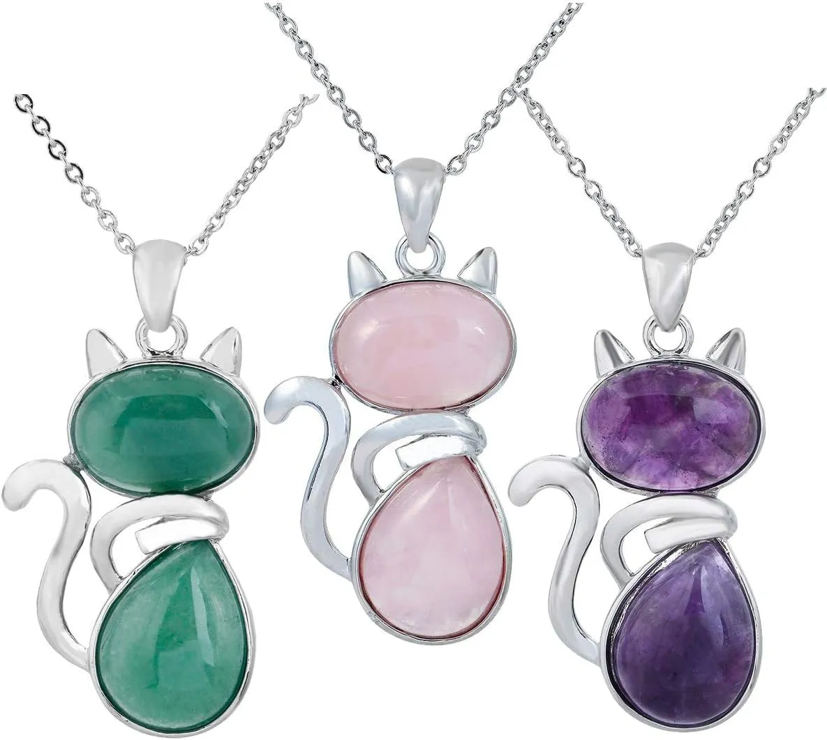 SUNYIK Handmade Cat Stone Pendant Necklace for Women, Healing Crystal Amulet Cat Jewelry with chain, Pack of 3
