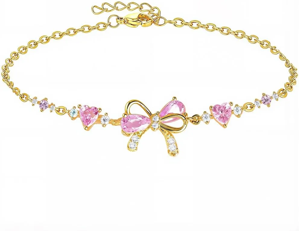 Sweet Bowknot Heart Rhinestone Bracelet Womens Jewelry Dainty Gold Bracelet, Cute Pink Bow Bracelets for Women, Mothers Day Valentines Day Wedding Anniversary Birthday Gifts