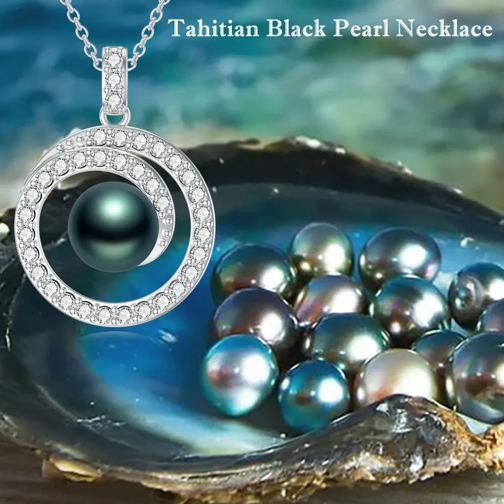 Tahitian Black Pearl Necklaces for Women Platinum Plated Silver Infinity 9mm Black Pearl Pendant Necklace