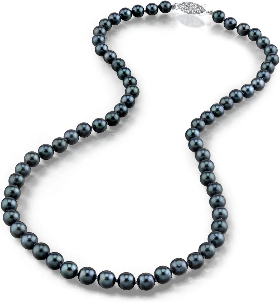The Pearl Source 14K Gold 5.0-5.5mm AAA Quality Round Genuine Black Japanese Akoya Saltwater Cultured Pearl Necklace in 16" Choker Length for Women