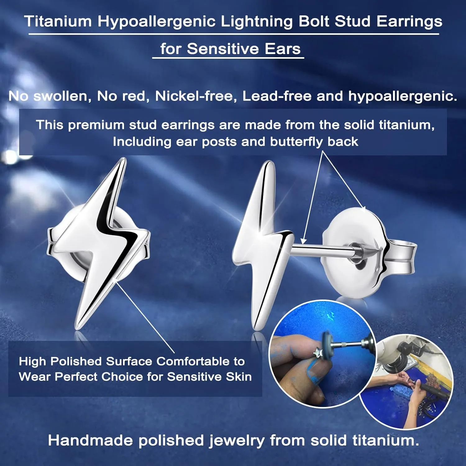 Titanium Earrings, Hypoallergenic Stud Earrings for Women Men Sensitive Ears Star/Moon/Lightning Bolt/Open Heart Premium High Polished (Shiny Grey)