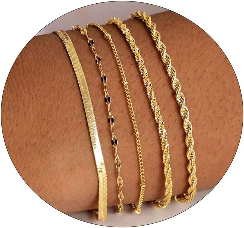 Trendy Gold Bracelets for Women Dainty 14K Gold Plated Stackable Bracelet Minimalist Jewelry Stack Set Waterproof Cuban Link Paperclip Chain Gifts