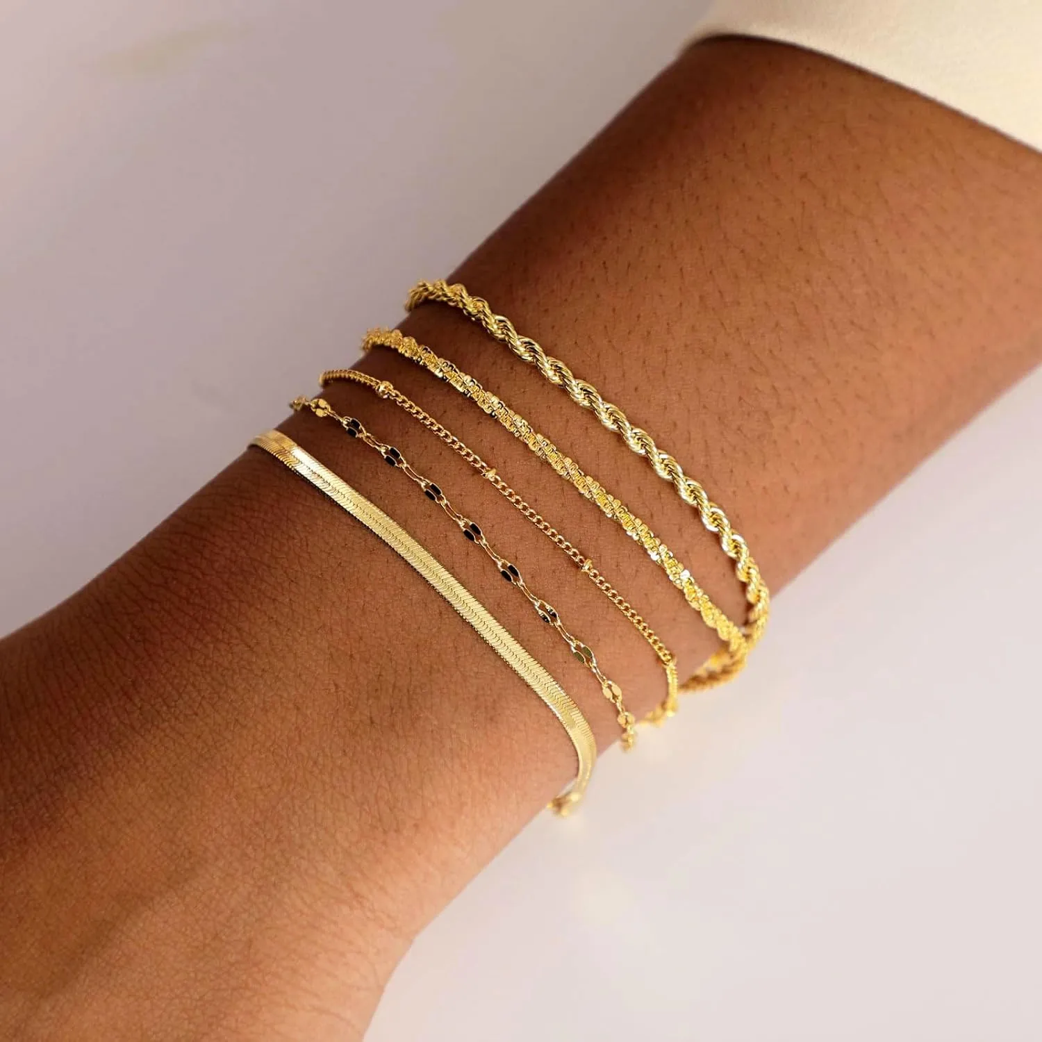 Trendy Gold Bracelets for Women Dainty 14K Gold Plated Stackable Bracelet Minimalist Jewelry Stack Set Waterproof Cuban Link Paperclip Chain Gifts