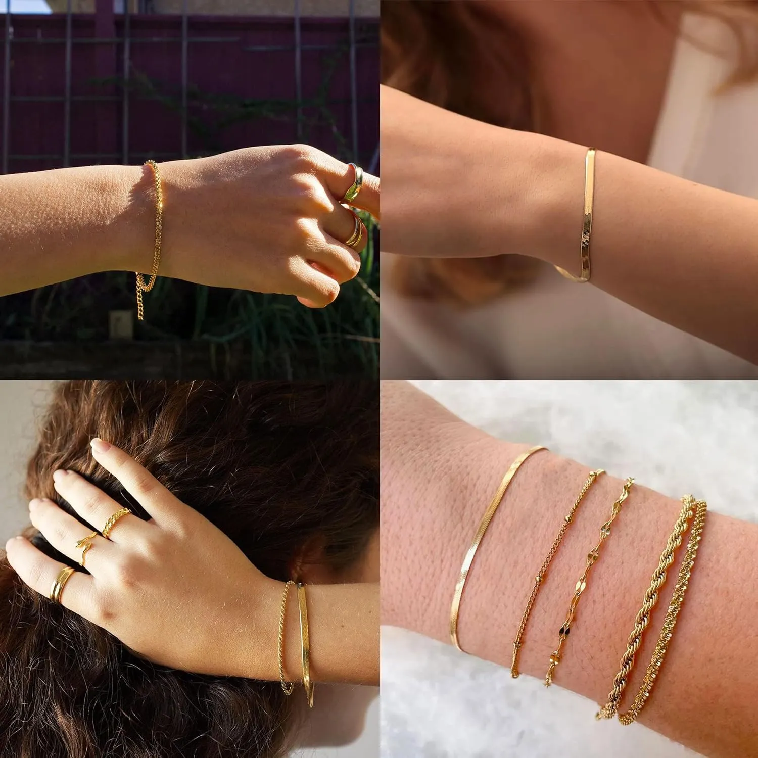 Trendy Gold Bracelets for Women Dainty 14K Gold Plated Stackable Bracelet Minimalist Jewelry Stack Set Waterproof Cuban Link Paperclip Chain Gifts