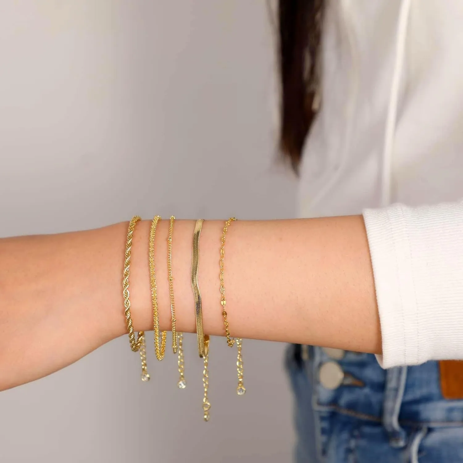 Trendy Gold Bracelets for Women Dainty 14K Gold Plated Stackable Bracelet Minimalist Jewelry Stack Set Waterproof Cuban Link Paperclip Chain Gifts