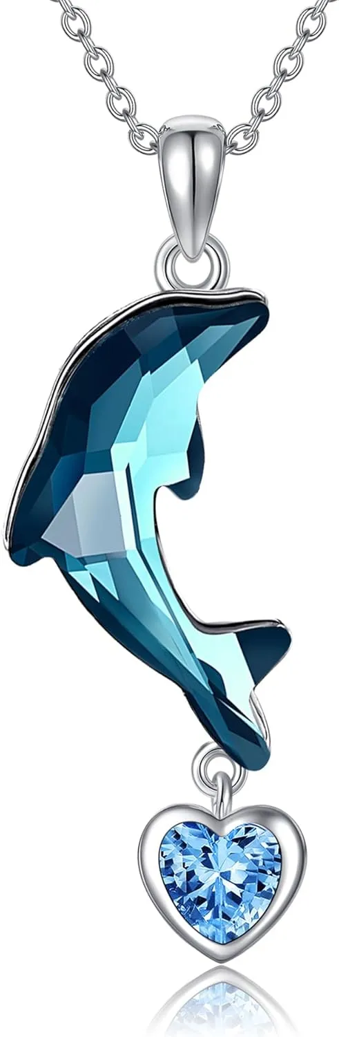 URONE Crystal Dolphin Necklace for Women 925 Sterling Silver Blue Crystal Pendants with Heart Aquamarine Dolphin Jewelry for Women Wife Mother Daughter