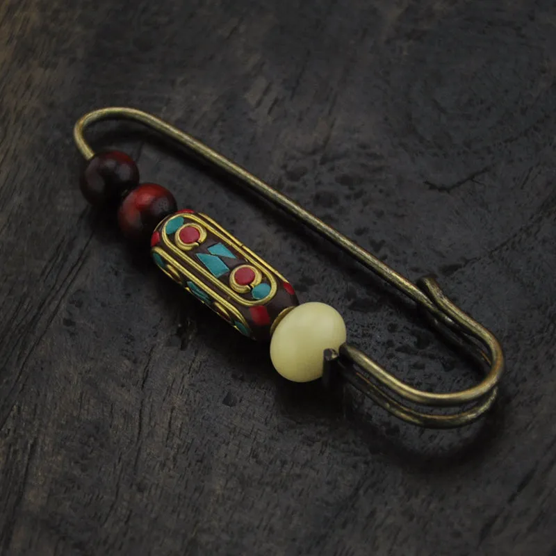 Vintage handmade pearl white jade bodhi sandalwood bead brooch sweater ethnic style