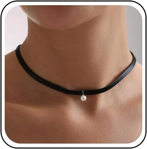 Vintage Leather Pearl Choker Necklace Single Pearl Pendant Necklaces Black Leather Necklaces Punk Collar Necklace Chain Jewelry for Women