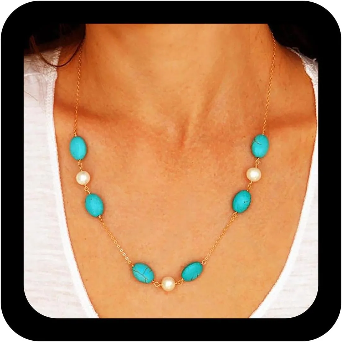 Vintage Oval Turquoise Pendent Necklace Gold Pearl Choker Necklace Blue Gemstone Necklaces Bridal Pearl Necklaces Chain Created Turquoise Jewelry for Women