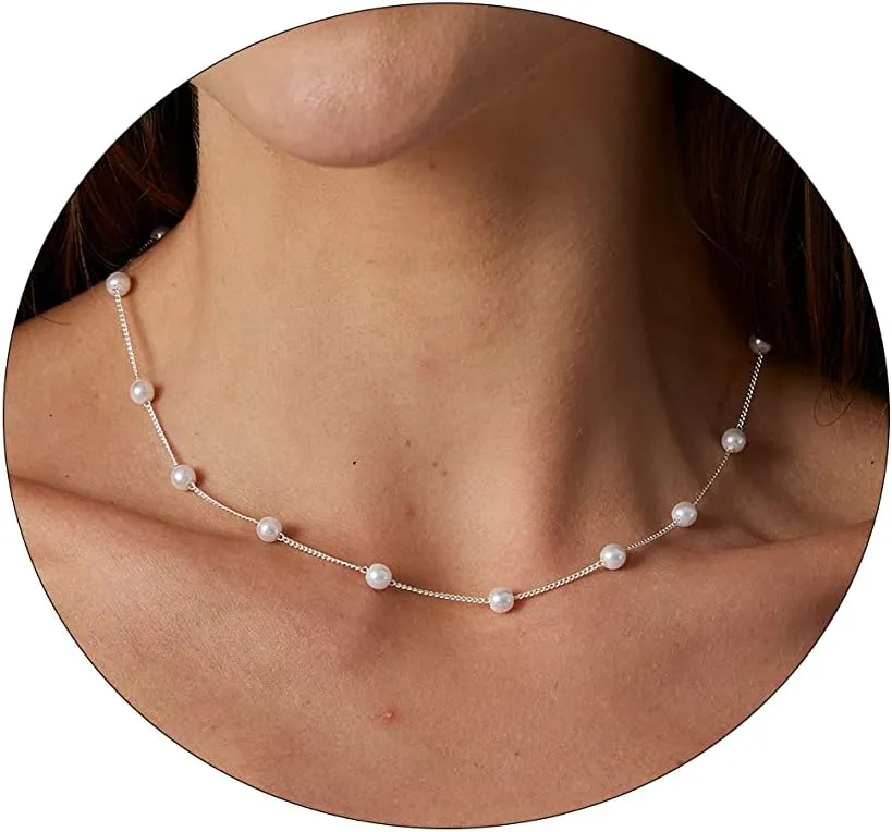 VIROMY Dainty Pearl Choker Necklace for Women 14K Gold Plated Pearl Necklaces Simple Trendy Everyday Jewelry