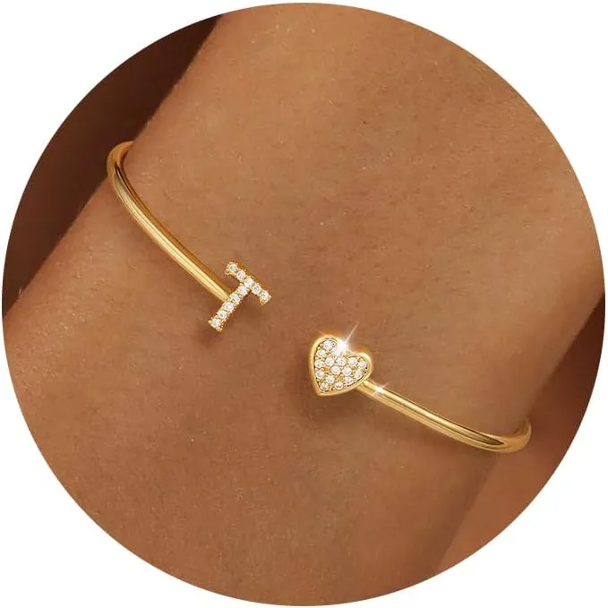 WFYOU Gold Initial Bracelets for Women Non Tarnish Dainty 14k Gold Plated Heart Initial Bracelet Letter A-Z Personalized Adjustable Bangle Bracelets Name Cuff Bracelet Birthday Gifts for Women Jewelry