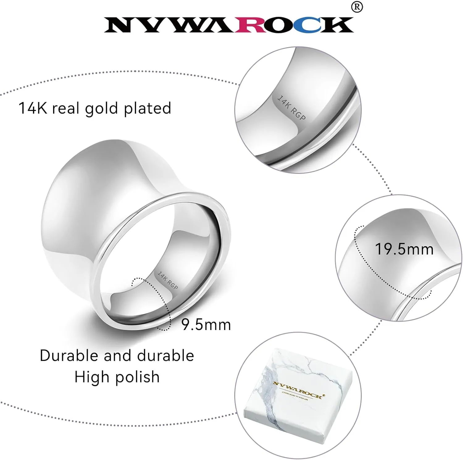 Wide Statement Band Rings for Women and MenHigh 14K Gold Plated Polish Large Thumb Index Full Finger Rinds Size 6-11Gold and Silver