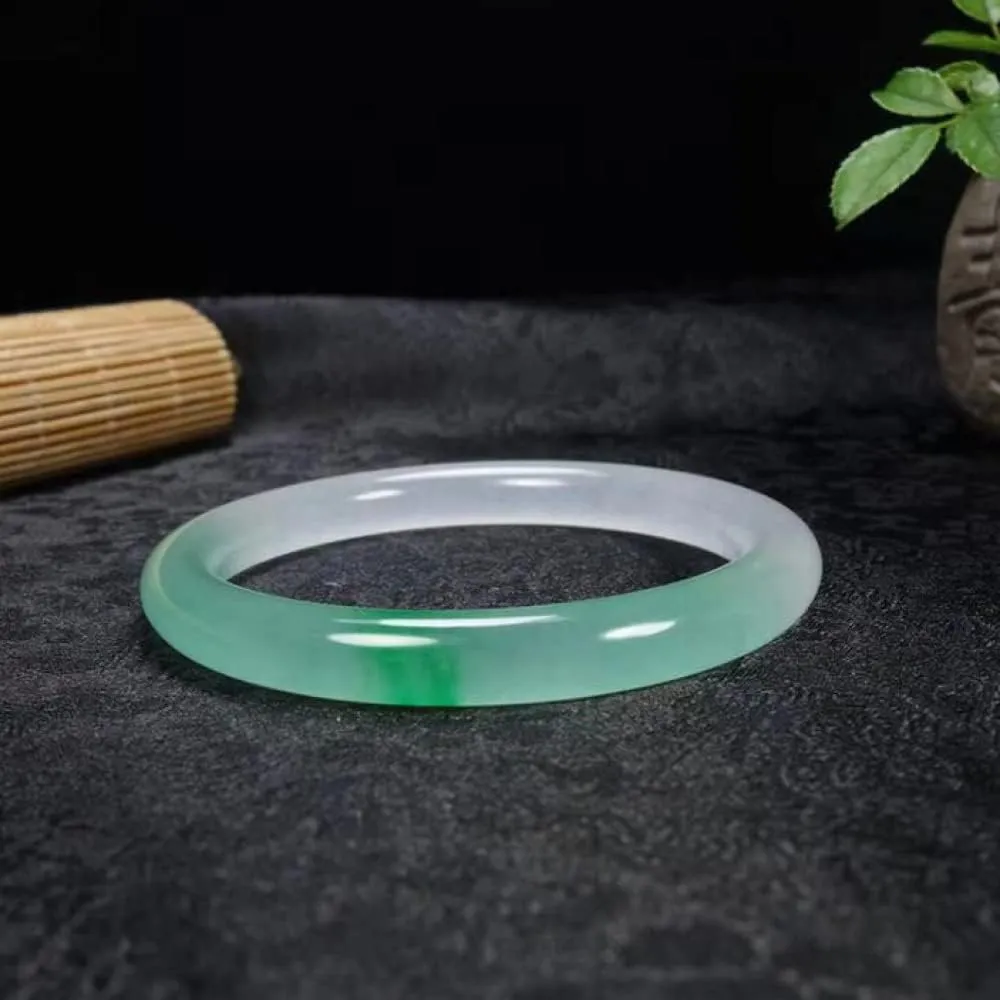 Women's Bracelet, Natural Jade Bangles, Jade Color Bracelet, Jade Bangle Bracelet, Half Green Half White Floating Flower Thin Round Bracelets, Jade Bracelet, with Jewelry Box, 54-,