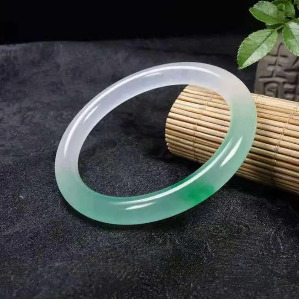 Women's Bracelet, Natural Jade Bangles, Jade Color Bracelet, Jade Bangle Bracelet, Half Green Half White Floating Flower Thin Round Bracelets, Jade Bracelet, with Jewelry Box, 54-,