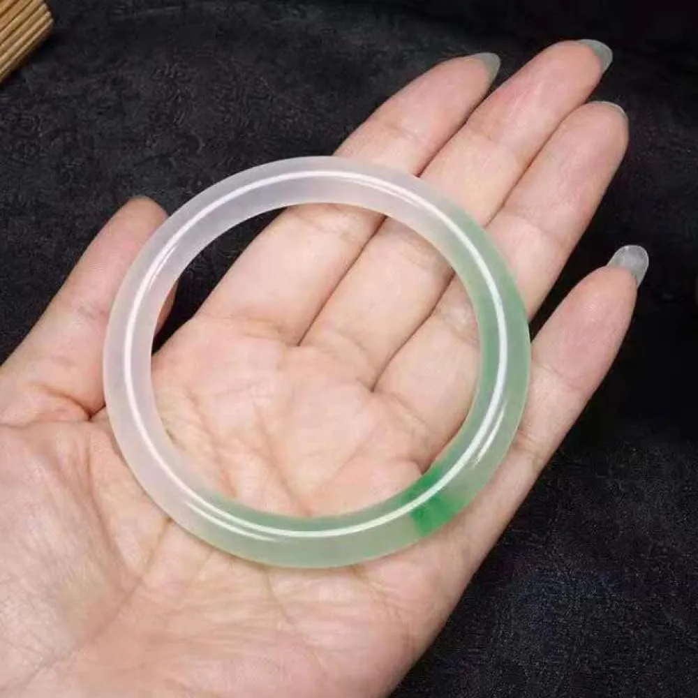 Women's Bracelet, Natural Jade Bangles, Jade Color Bracelet, Jade Bangle Bracelet, Half Green Half White Floating Flower Thin Round Bracelets, Jade Bracelet, with Jewelry Box, 54-,